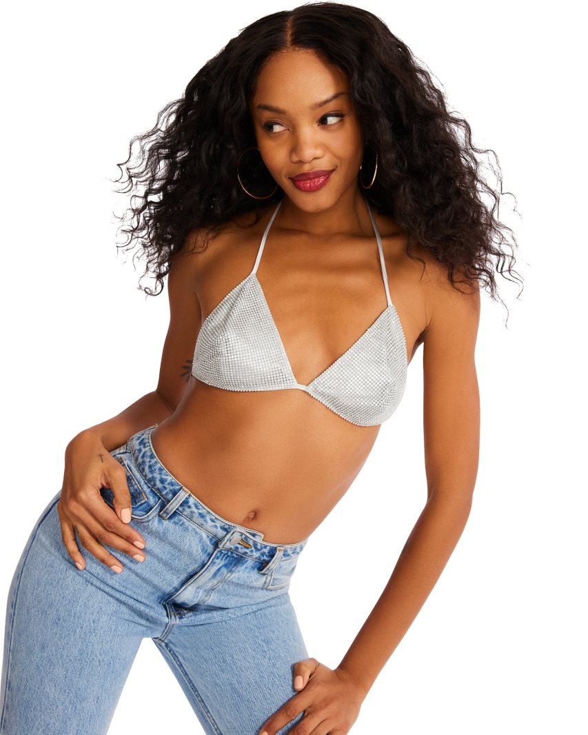 Silver Steve Madden Rhinestone Women's Bikini Tops | PH 0215BXV